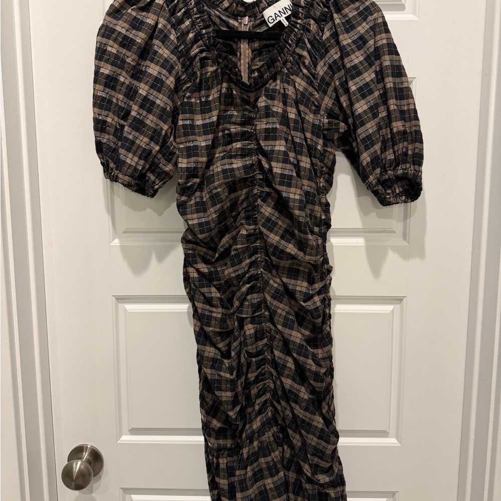 Ganni Checkered Ruched Dress in Black and Tan